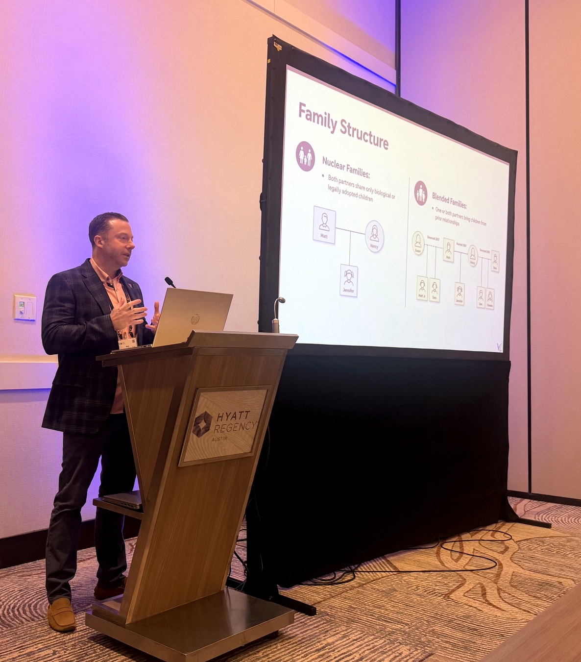 Mikel Van Cleve presenting on nuclear and blended family structures at a professional conference in Austin, Texas